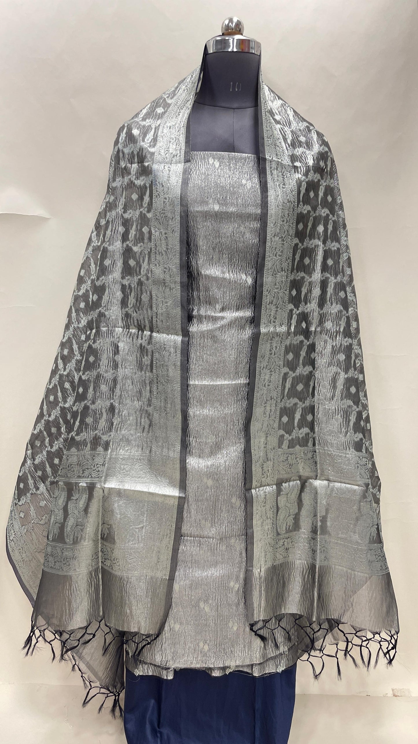 Faishana Navy Blue Crush Tissue 3-piece Suit, Floral Zari Booti Dupatta. SHL_90