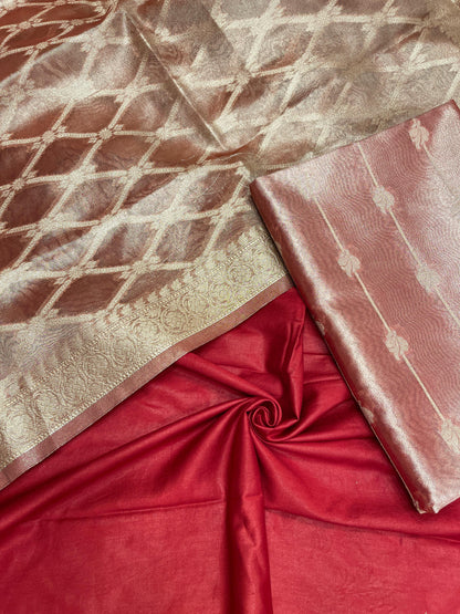 Faishana Magenta Tissue Silk 3-piece Suit, Floral Zari Stripe Booti Dupatta. SHL_91