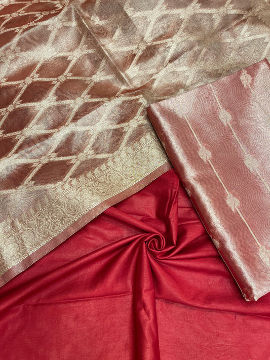 Faishana Magenta Tissue Silk 3-piece Suit, Floral Zari Stripe Booti Dupatta. SHL_91