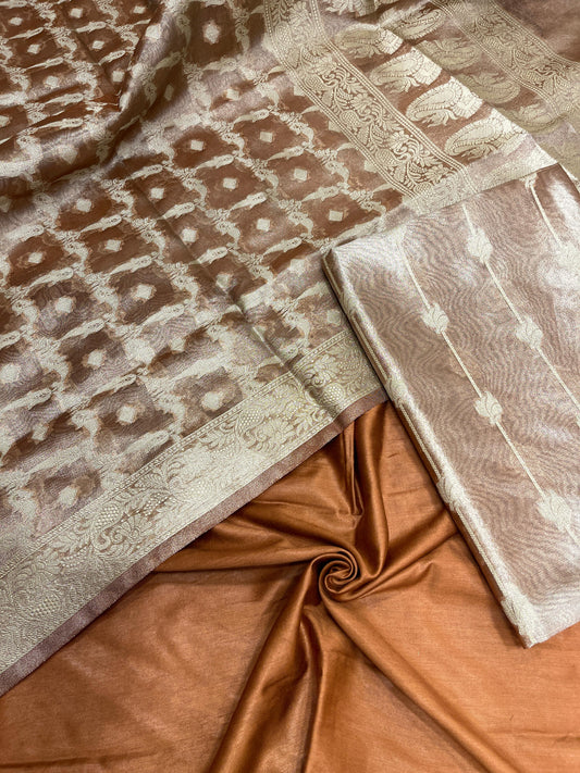 Faishana Brown Tissue Silk 3-piece Suit, Floral Zari Stripe Booti Dupatta. SHL_92