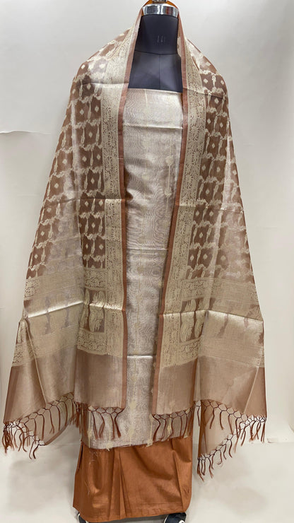 Faishana Brown Tissue Silk 3-piece Suit, Floral Zari Stripe Booti Dupatta. SHL_92