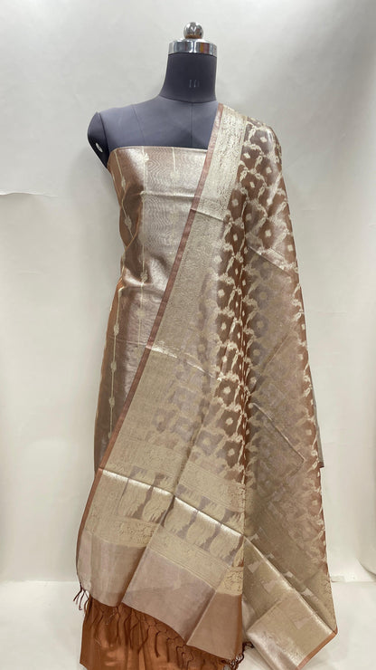 Faishana Brown Tissue Silk 3-piece Suit, Floral Zari Stripe Booti Dupatta. SHL_92