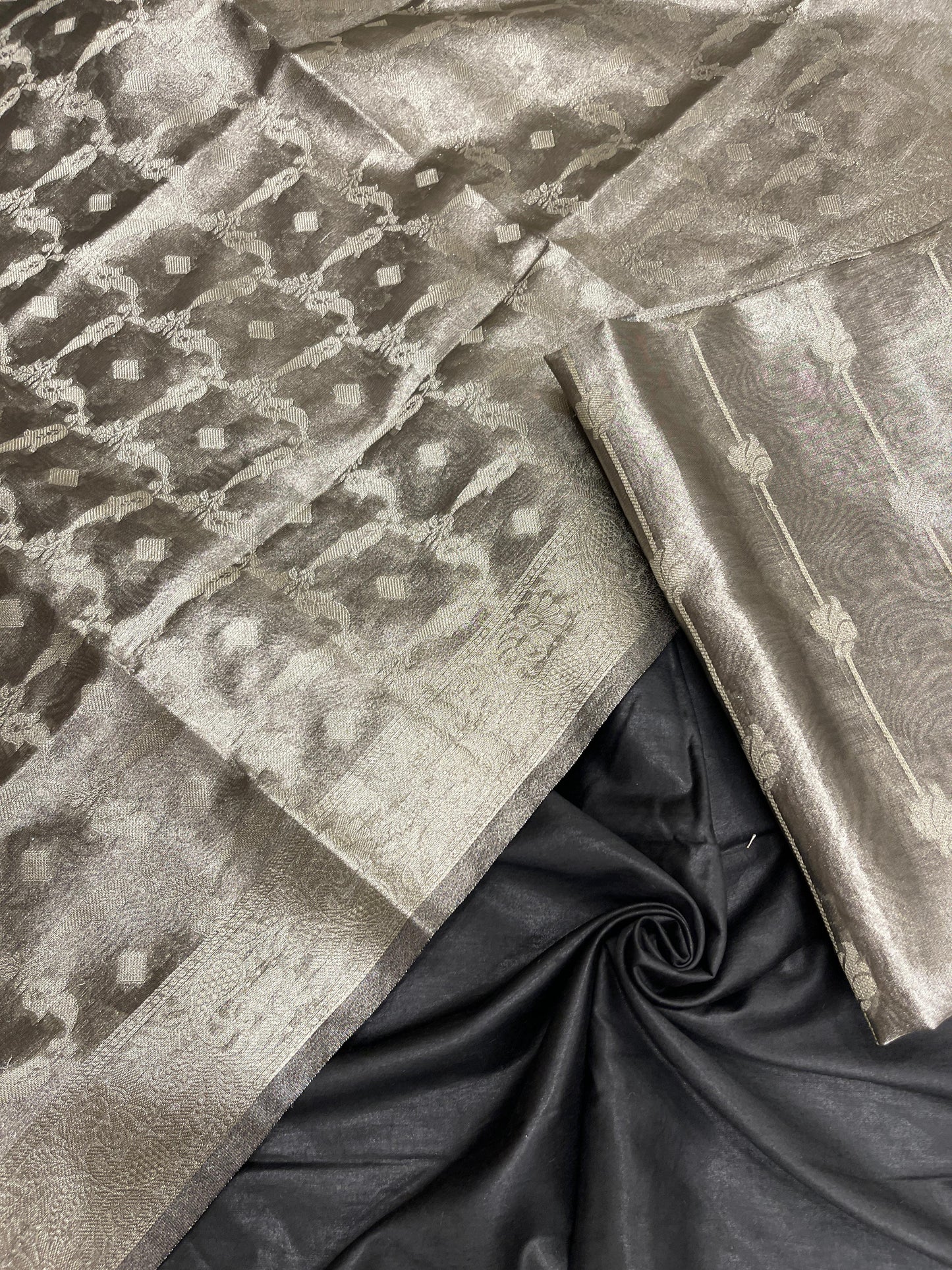Faishana Black Tissue Silk 3-piece Suit, Floral Zari Stripe Booti Dupatta. SHL_93