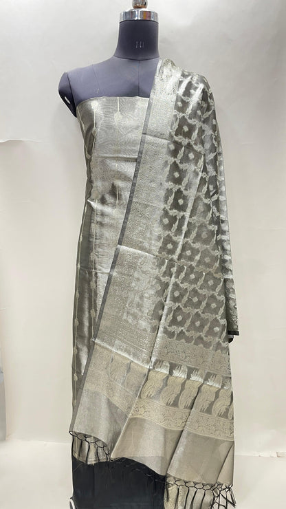 Faishana Black Tissue Silk 3-piece Suit, Floral Zari Stripe Booti Dupatta. SHL_93