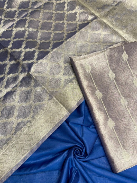 Faishana Blue Tissue Silk 3-piece Suit, Floral Zari Stripe Booti Dupatta. SHL_94