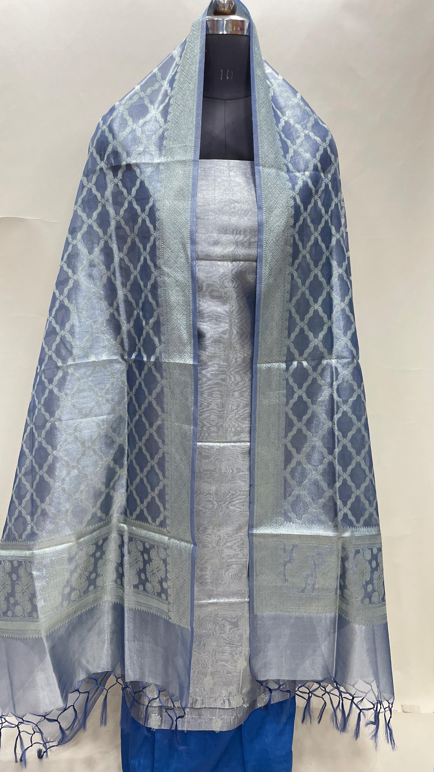 Faishana Blue Tissue Silk 3-piece Suit, Floral Zari Stripe Booti Dupatta. SHL_94