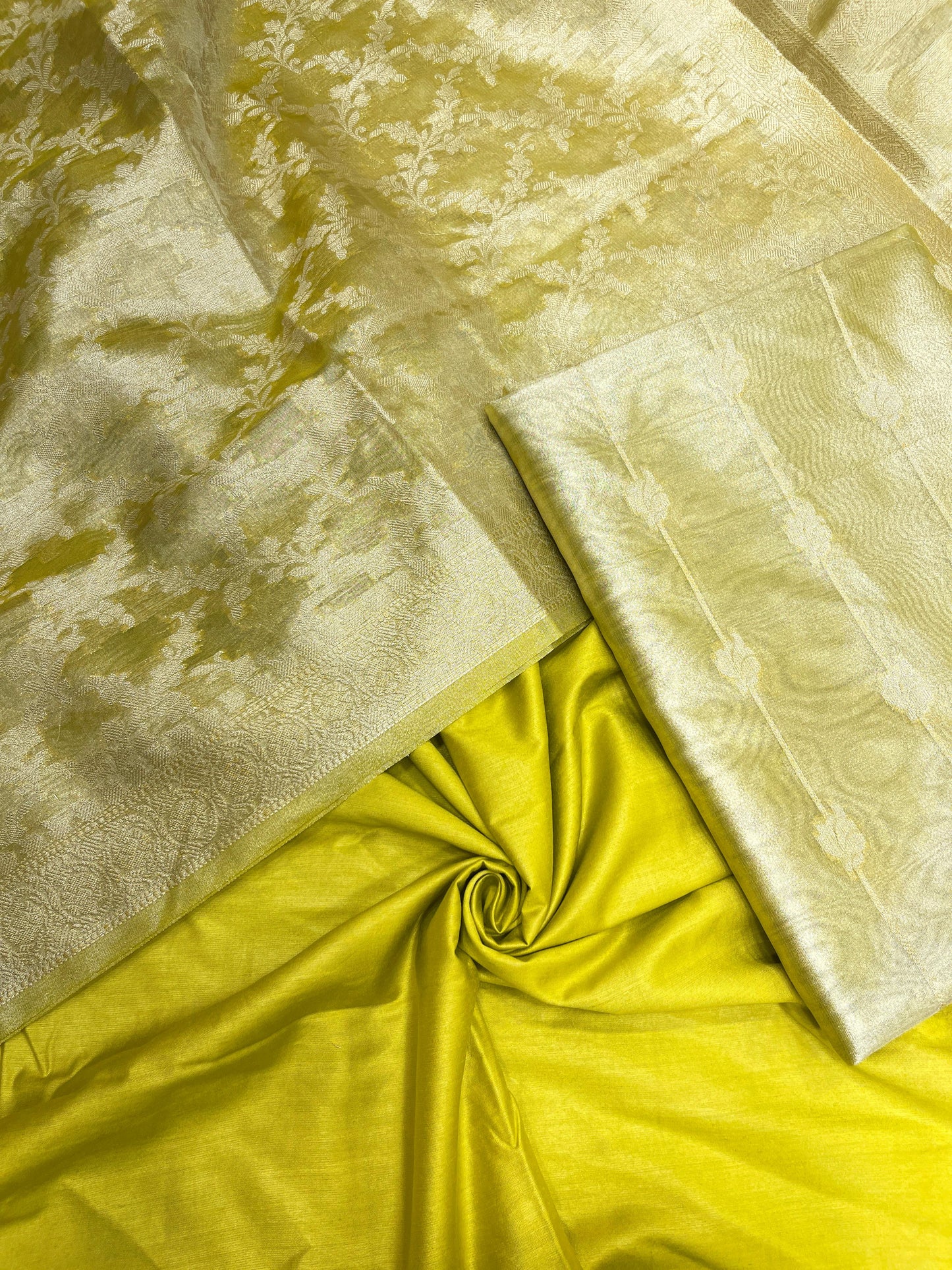 Faishana Lime Yellow Tissue Silk 3-piece Suit with Floral Zari Stripe Booti. SHL_95