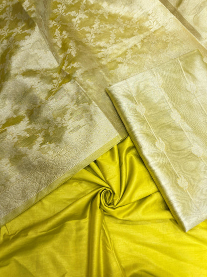 Faishana Lime Yellow Tissue Silk 3-piece Suit with Floral Zari Stripe Booti. SHL_95