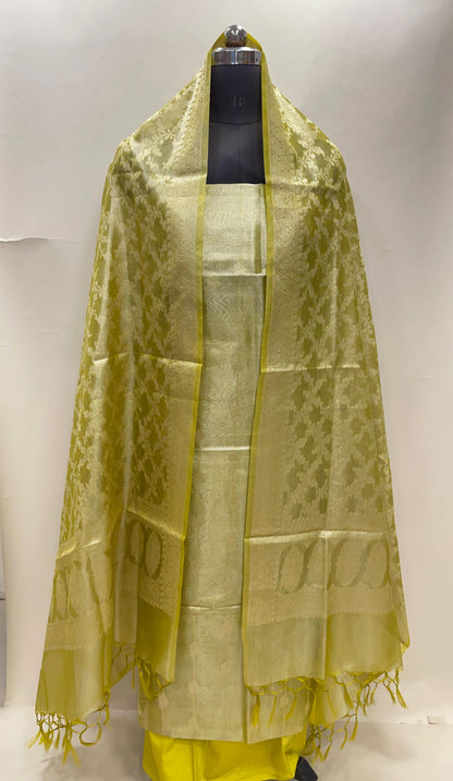 Faishana Lime Yellow Tissue Silk 3-piece Suit with Floral Zari Stripe Booti. SHL_95