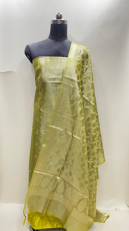 Faishana Lime Yellow Tissue Silk 3-piece Suit with Floral Zari Stripe Booti. SHL_95