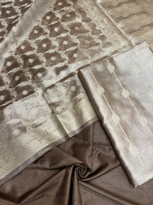 Faishana Brown Tissue Silk 3-piece Suit, Floral Zari Stripe Booti Dupatta. SHL_96