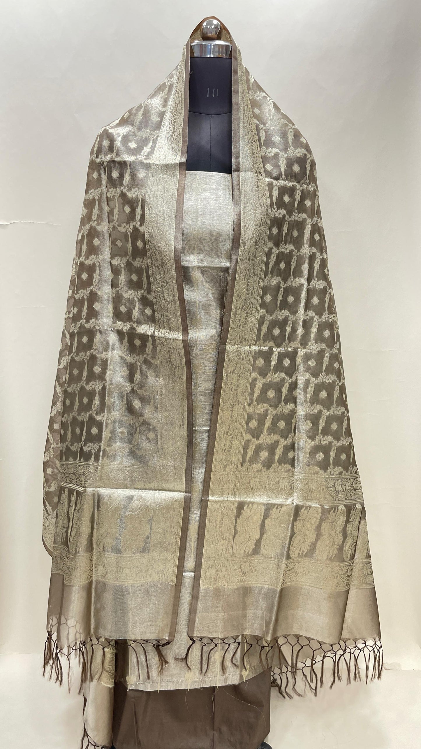 Faishana Brown Tissue Silk 3-piece Suit, Floral Zari Stripe Booti Dupatta. SHL_96