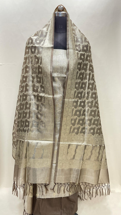 Faishana Brown Tissue Silk 3-piece Suit, Floral Zari Stripe Booti Dupatta. SHL_96