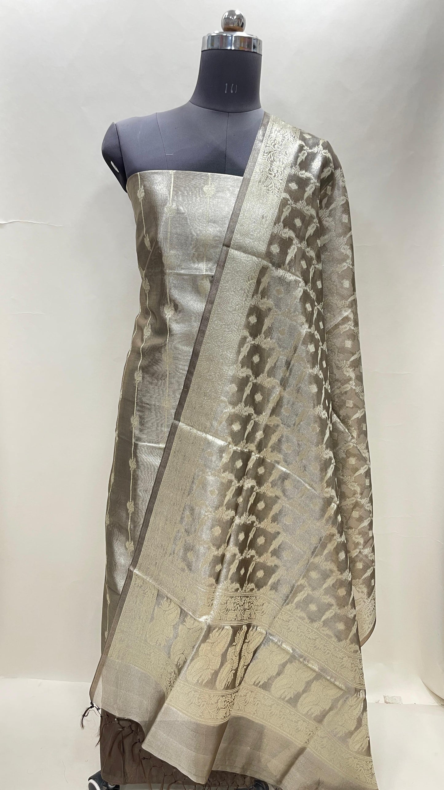 Faishana Brown Tissue Silk 3-piece Suit, Floral Zari Stripe Booti Dupatta. SHL_96