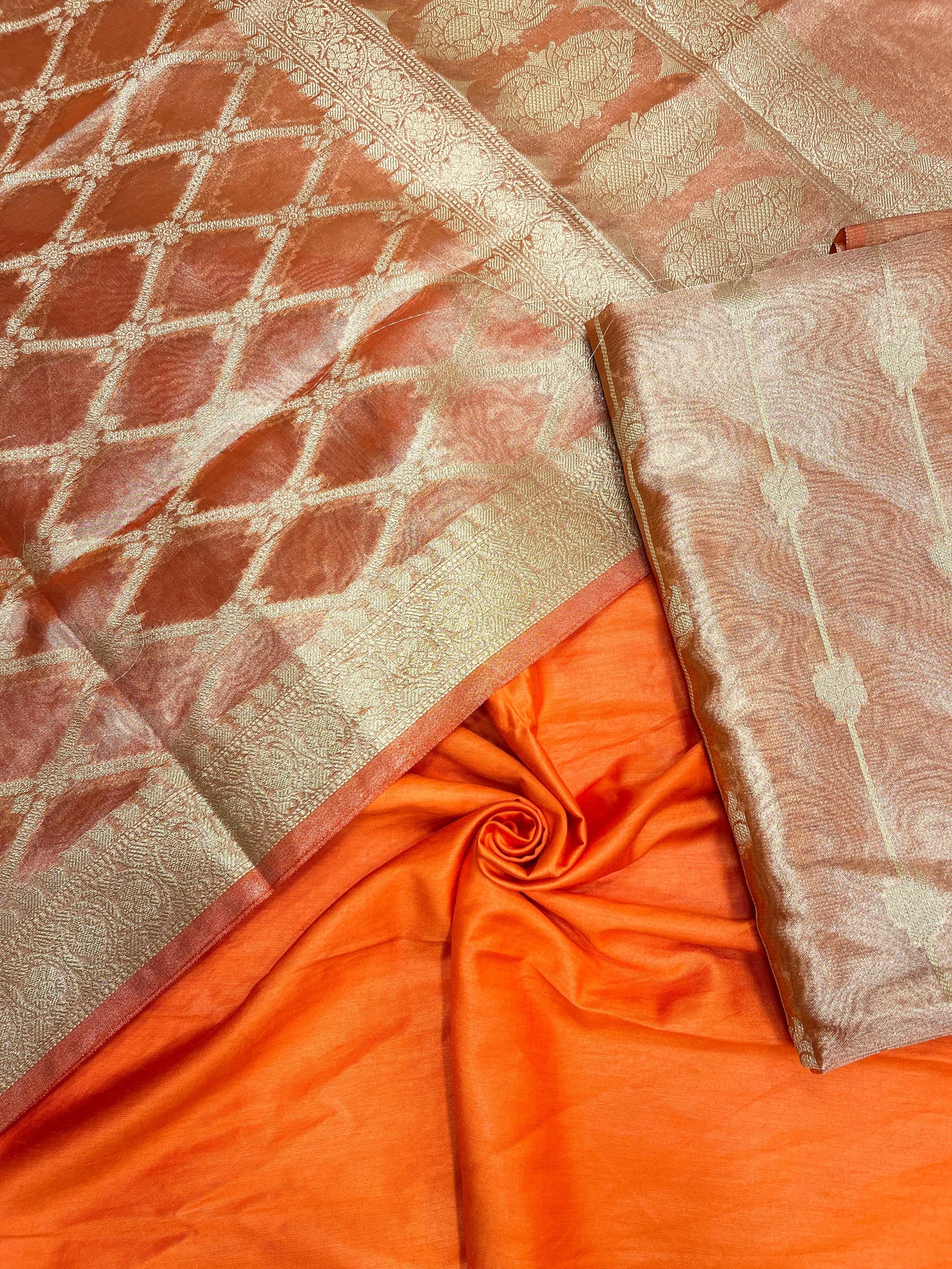 Faishana Orange Tissue Silk 3-piece Suit, Floral Zari Stripe Booti Dupatta SHL_97.