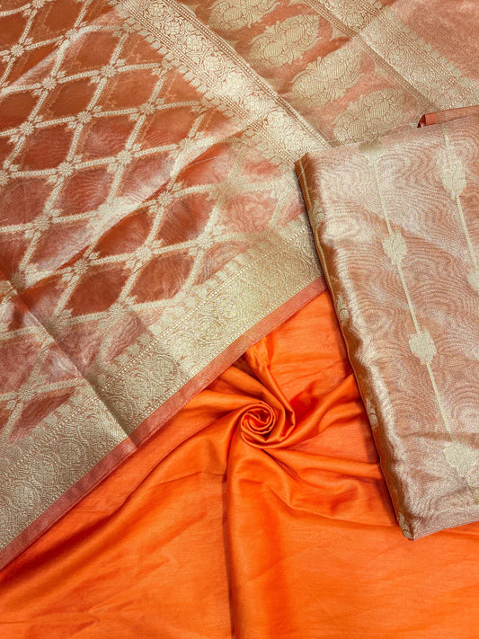 Faishana Orange Tissue Silk 3-piece Suit, Floral Zari Stripe Booti Dupatta SHL_97.