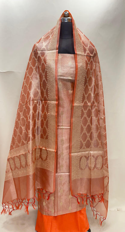 Faishana Orange Tissue Silk 3-piece Suit, Floral Zari Stripe Booti Dupatta SHL_97.