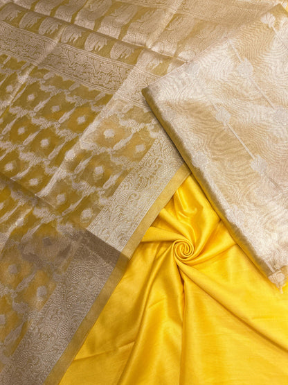 Faishana Yellow Tissue Silk 3-piece Suit, Floral Zari Stripe Booti Dupatta. SHL_98