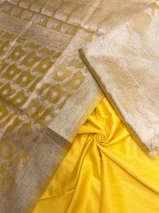 Faishana Yellow Tissue Silk 3-piece Suit, Floral Zari Stripe Booti Dupatta. SHL_98