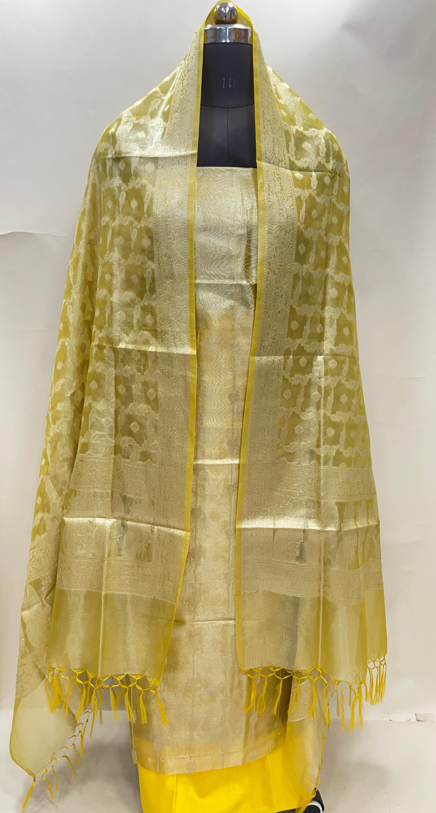 Faishana Yellow Tissue Silk 3-piece Suit, Floral Zari Stripe Booti Dupatta. SHL_98