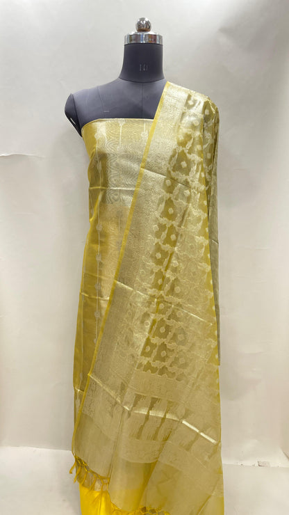 Faishana Yellow Tissue Silk 3-piece Suit, Floral Zari Stripe Booti Dupatta. SHL_98