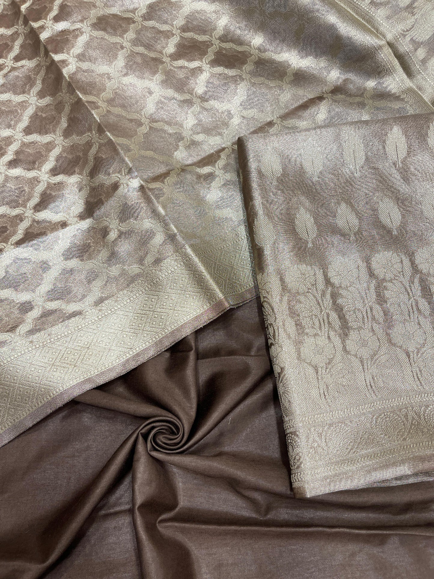 Faishana Brown Tissue Silk 3-piece Suit, Floral Zari Checkered Jaal Dupatta. SHL_99