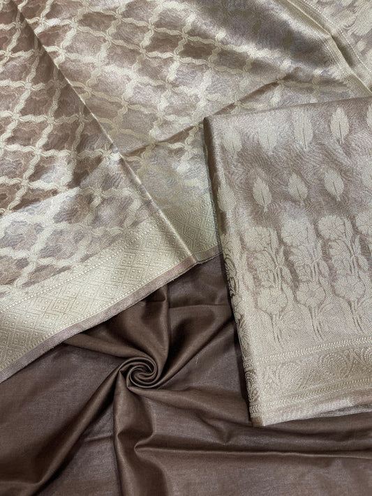 Faishana Brown Tissue Silk 3-piece Suit, Floral Zari Checkered Jaal Dupatta. SHL_99