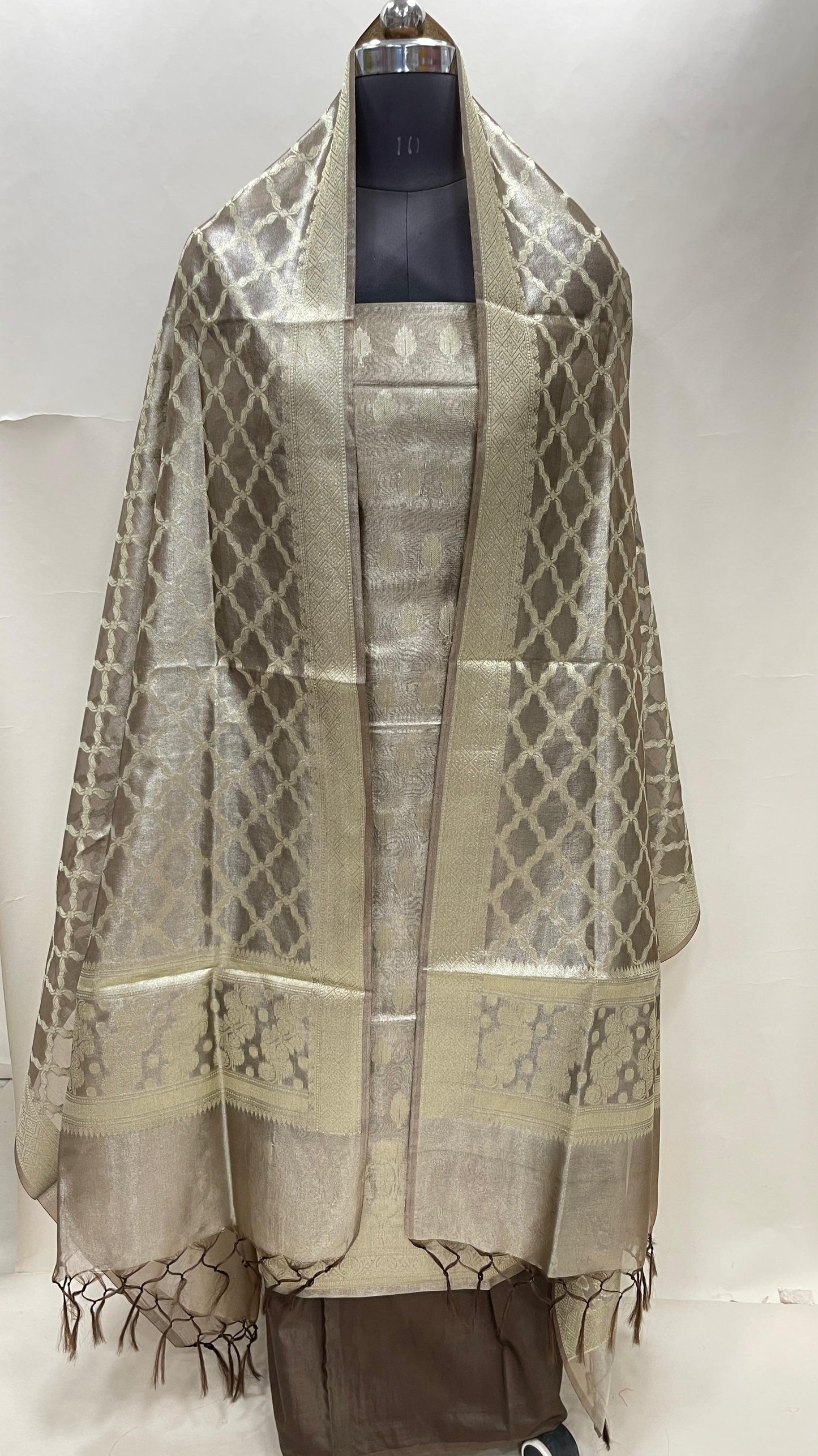 Faishana Brown Tissue Silk 3-piece Suit, Floral Zari Checkered Jaal Dupatta. SHL_99