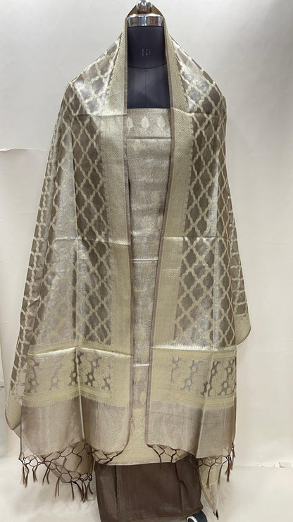 Faishana Brown Tissue Silk 3-piece Suit, Floral Zari Checkered Jaal Dupatta. SHL_99