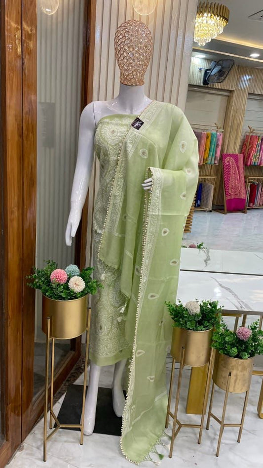Chanderi Silk Dyble Pista Green Resham Embroidery Banarasi Suit Set 1350SKL_CE10