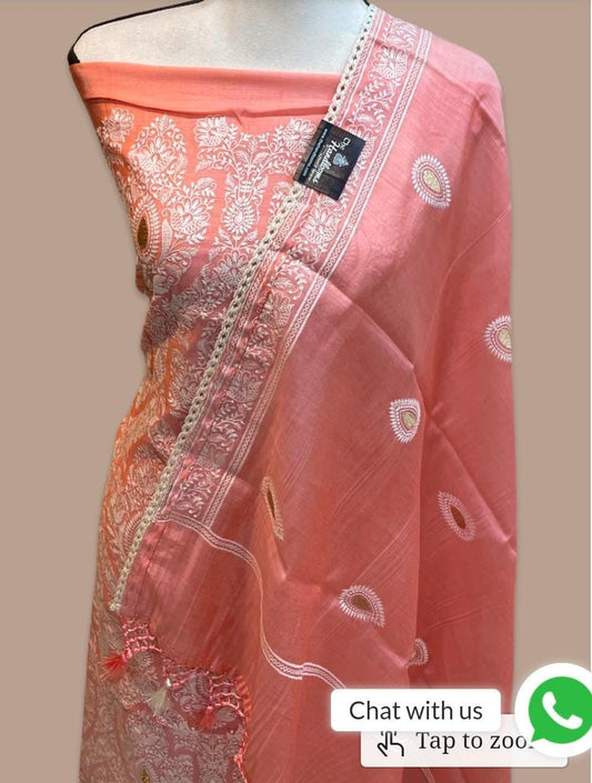 Chanderi Silk Dyble Pink Resham Embroidery Banarasi Suit Set 1350SKL_CE6