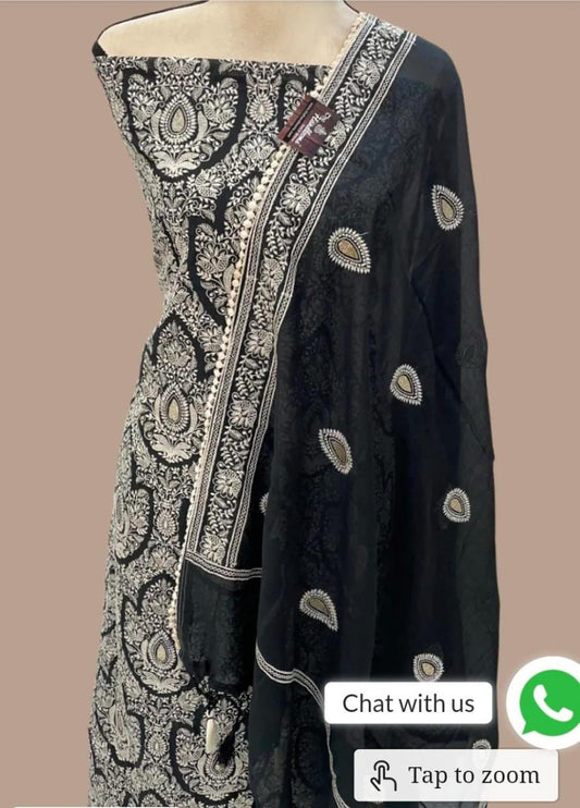 Chanderi Silk Dyble Black Resham Embroidery Banarasi Suit Set 1350SKL_CE7