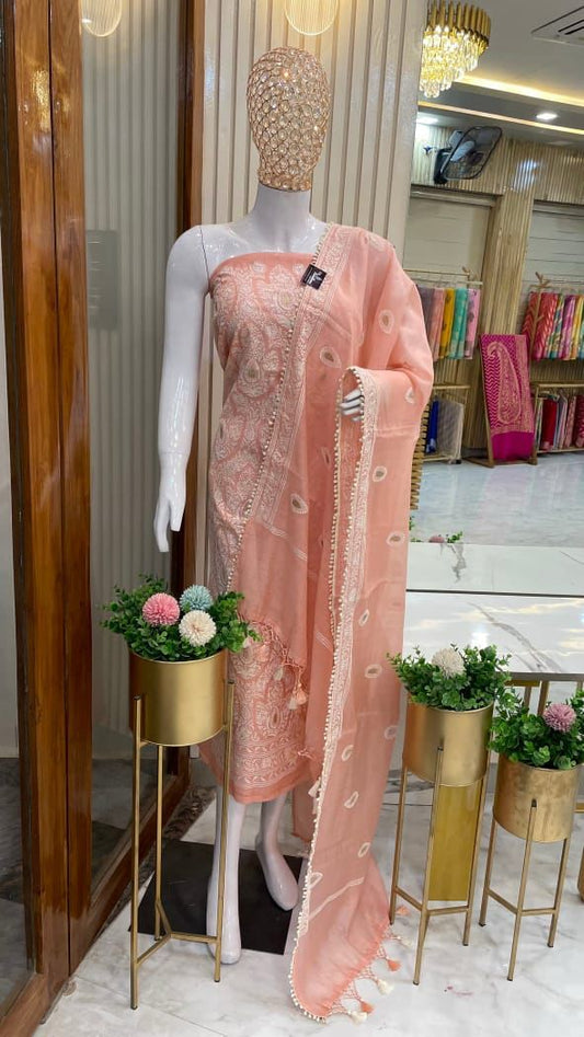Chanderi Silk Dyble Peach Resham Embroidery Banarasi Suit Set 1350SKL_CE8