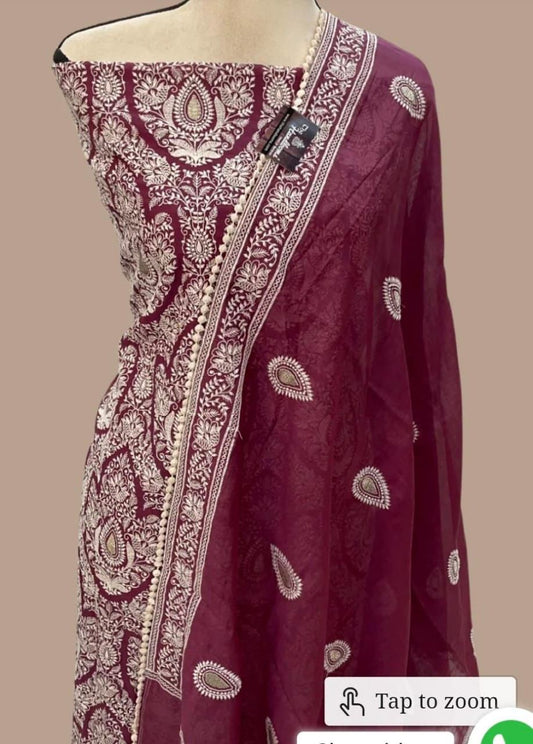 Chanderi Silk Dyble Purple Resham Embroidery Banarasi Suit Set 1350SKL_CE9