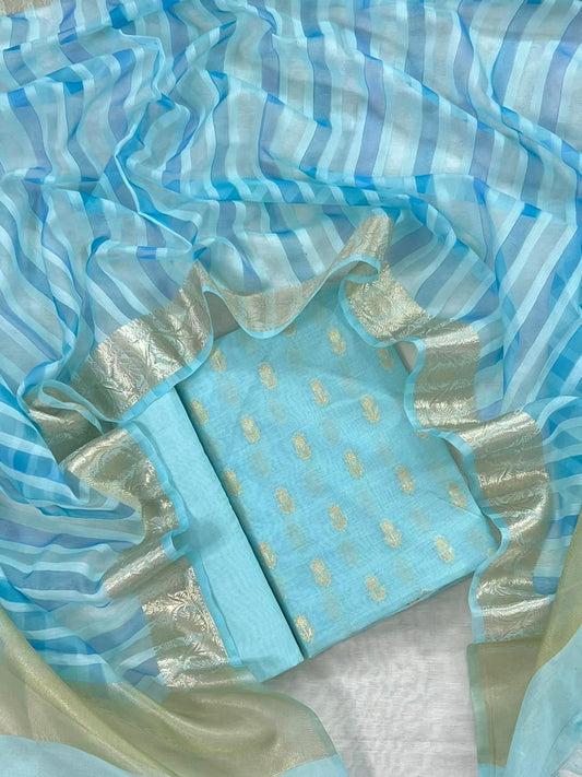 Sky Blue Chanderi Floral Zari Booti With Handbrush Stripe Dupatta Banarasi 3Pcs Suit Set 1050SKL_CS2