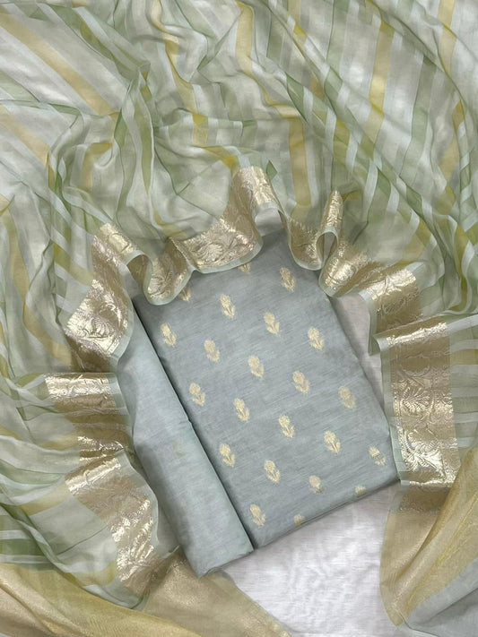 Grey Chanderi Floral Zari Booti With Handbrush Stripe Dupatta Banarasi 3Pcs Suit Set 1050SKL_CS3