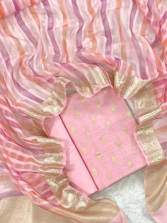 Pink Chanderi Floral Zari Booti With Handbrush Stripe Dupatta Banarasi 3Pcs Suit Set 1050SKL_CS4