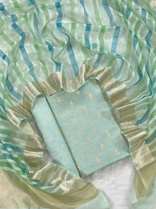 Light Green Chanderi Floral Zari Booti With Handbrush Stripe Dupatta Banarasi 3Pcs Suit Set 1050SKL_CS5