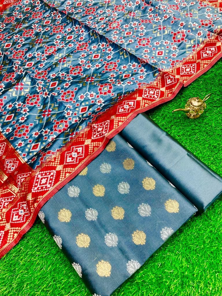 Grey Katan Silk Silver Gold Zari With Patola Weave Dupatta 700SKL_KS14