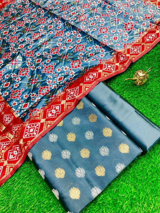 Grey Katan Silk Silver Gold Zari With Patola Weave Dupatta 700SKL_KS14