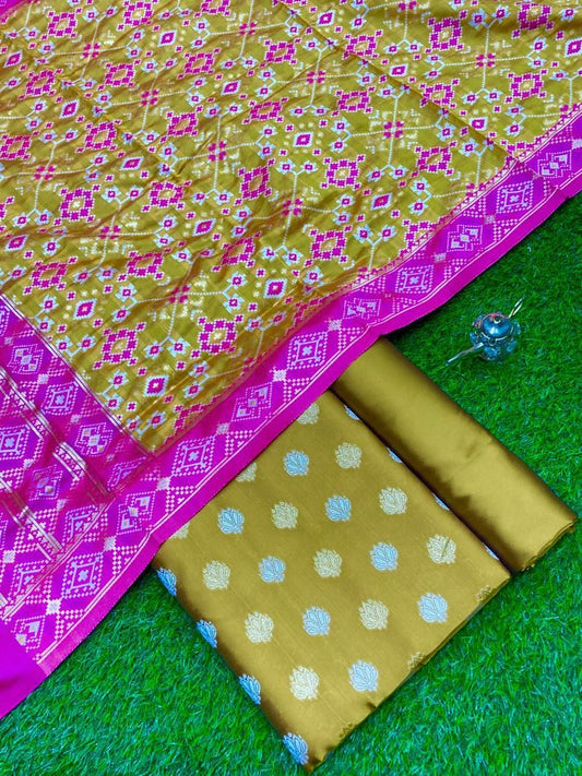 Mustard Yellow Katan Silk Silver Gold Zari With Patola Weave Dupatta 700SKL_KS18