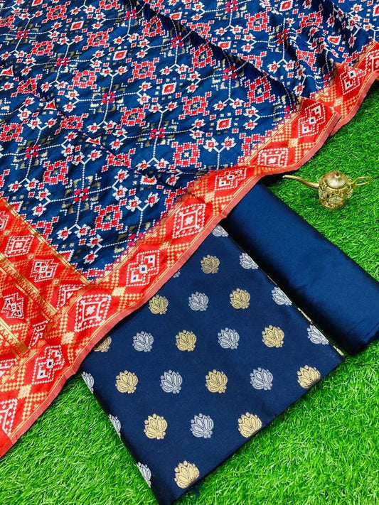 Navy Blue Katan Silk Silver Gold Zari With Patola Weave Dupatta 700SKL_KS19
