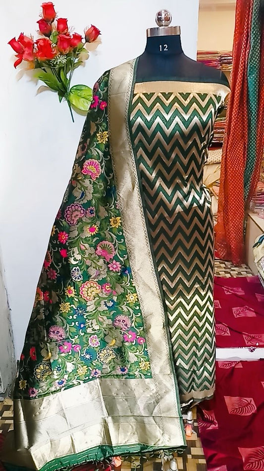 Dark Green Katan Silk Zig-Zag With Multicolor Mina Jaal Dupatta Banarasi Suit Set 900SKL_KZ10