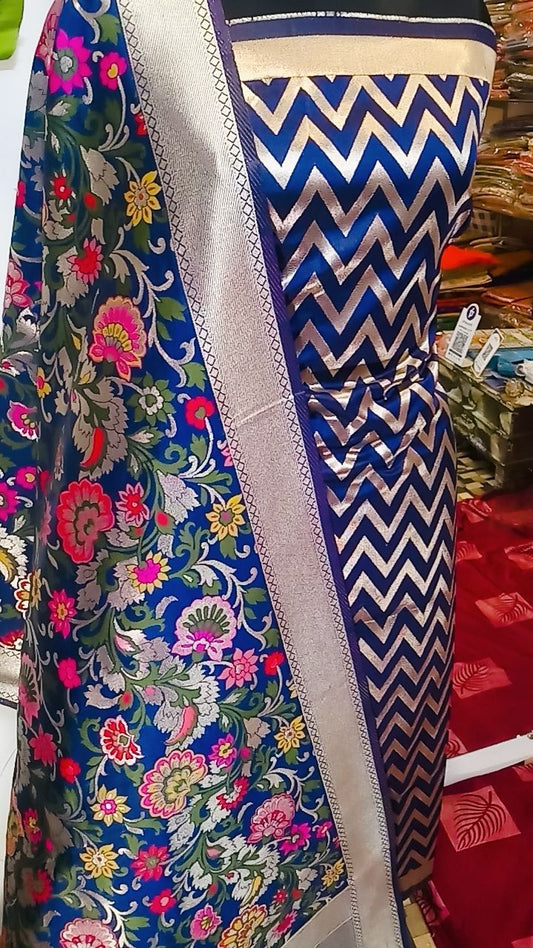 Blue Katan Silk Zig-Zag With Multicolor Mina Jaal Dupatta Banarasi Suit Set 900SKL_KZ2