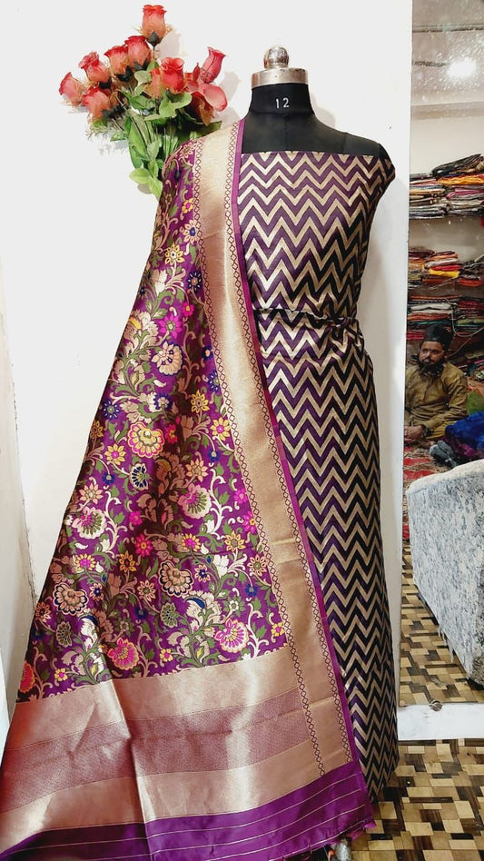 Purple Katan Silk Zig-Zag With Multicolor Mina Jaal Dupatta Banarasi Suit Set 900SKL_KZ3