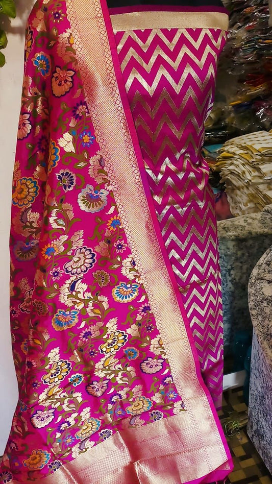 Pink Katan Silk Zig-Zag With Multicolor Mina Jaal Dupatta Banarasi Suit Set 900SKL_KZ4