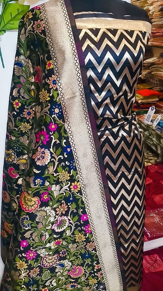 Black Katan Silk Zig-Zag With Multicolor Mina Jaal Dupatta Banarasi Suit Set 900SKL_KZ5