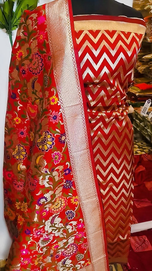 Red Katan Silk Zig-Zag With Multicolor Mina Jaal Dupatta Banarasi Suit Set 900SKL_KZ6