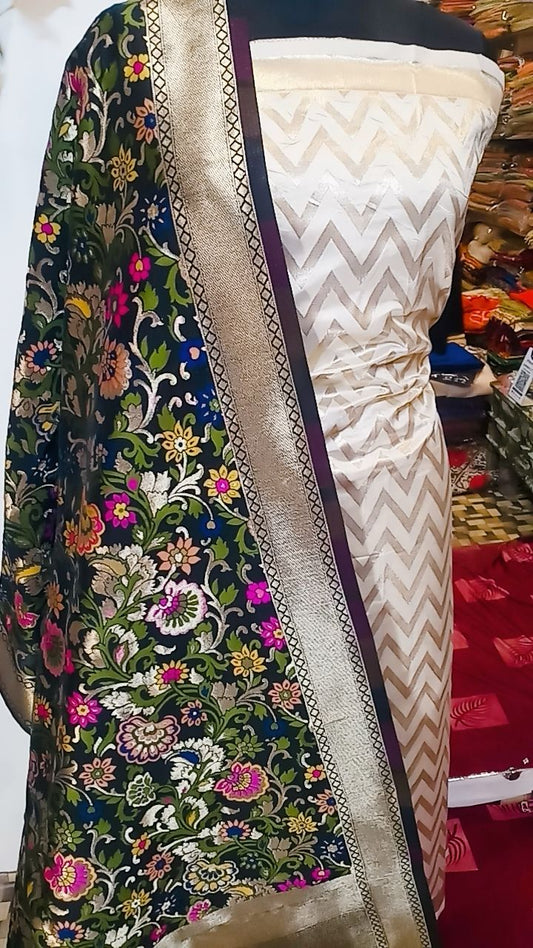 White Katan Silk Zig-Zag With Multicolor Mina Jaal Dupatta Banarasi Suit Set 900SKL_KZ8