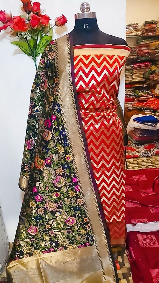 Red Katan Silk Zig-Zag With Multicolor Mina Jaal Dupatta Banarasi Suit Set 900SKL_KZ9